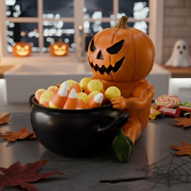 A Halloween-themed scene featuring a carved pumpkin sitting in a black pot filled with candy, with a spider web decoration and autumn leaves in the foreground.