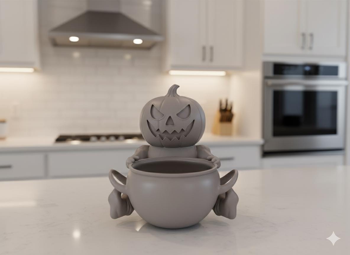 A Halloween-themed ceramic pumpkin figurine is sitting on a kitchen counter, with a kitchen stove and oven visible in the background.