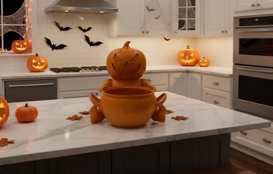 A Halloween-themed kitchen with a carved pumpkin sitting on a marble countertop, surrounded by other carved pumpkins and bats.
