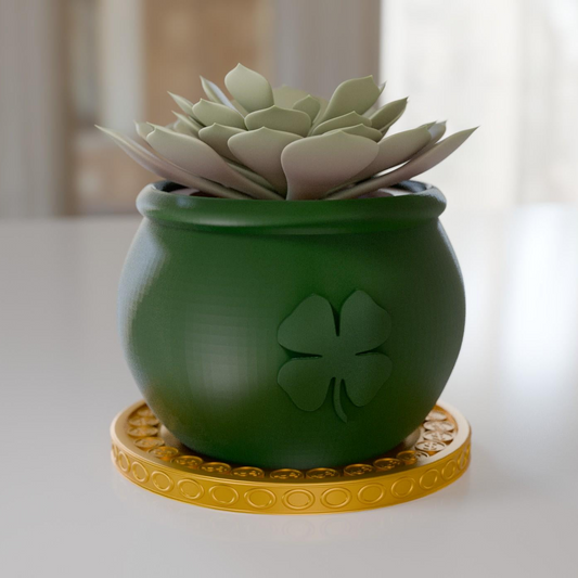 a green pot with a plant in it