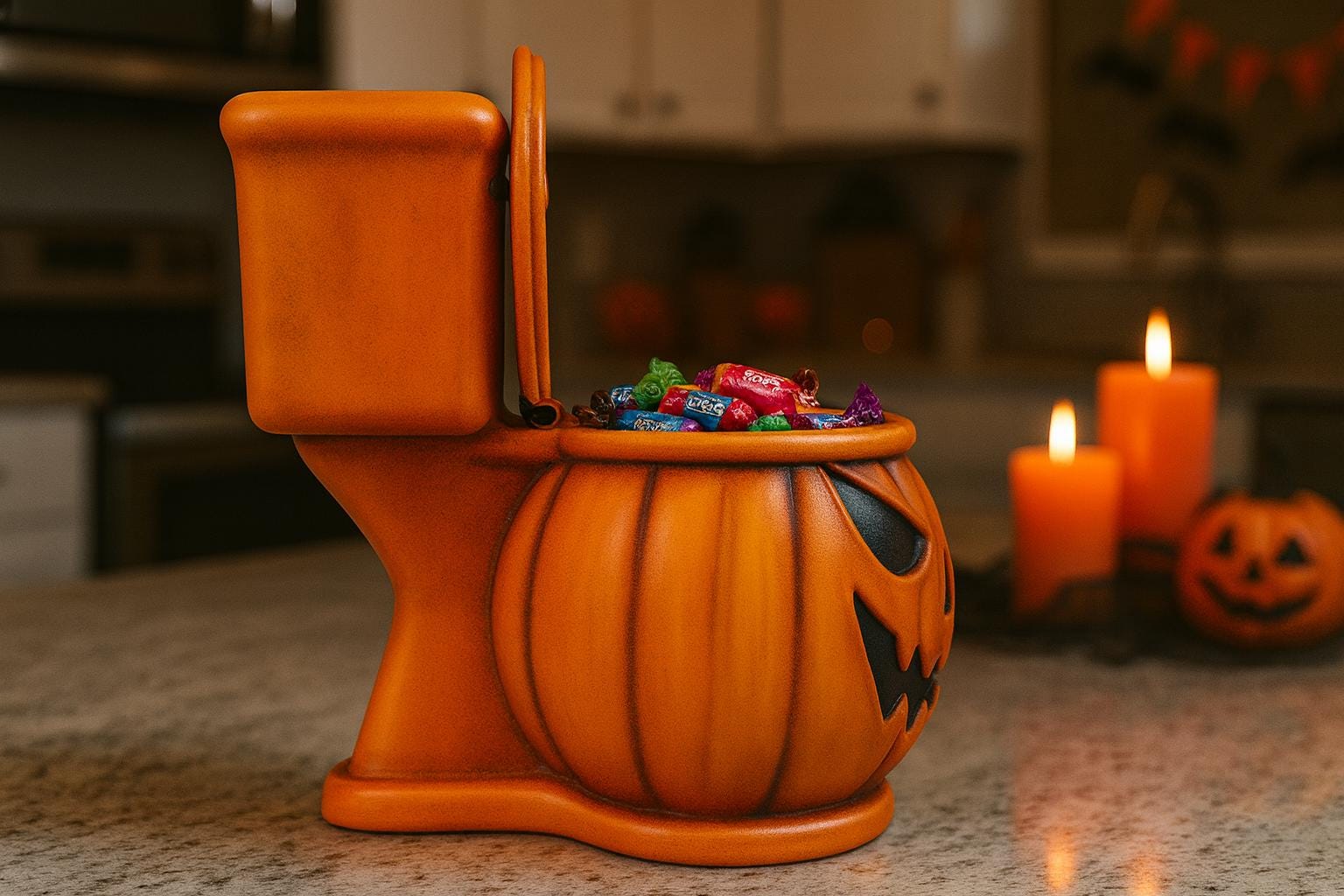 A Halloween-themed pumpkin-shaped candy holder sits on a kitchen counter, filled with various candies. In the background, there are orange candles and a carved jack-o-lantern decoration, creating a festive atmosphere.