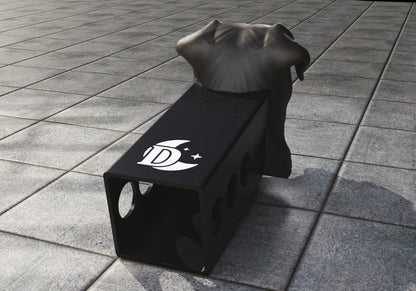 a black trash can sitting on top of a sidewalk