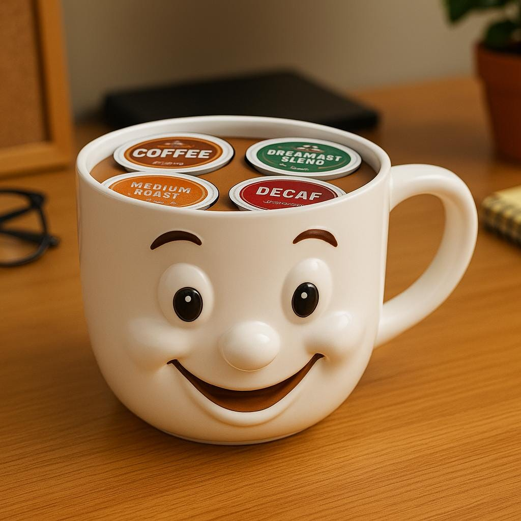 A white coffee mug with a smiling face design, filled with coffee pods labeled with different types of coffee, such as "COFFEE", "MEDIUM ROAST", "BREAKFAST SLEND", and "DECAF".
