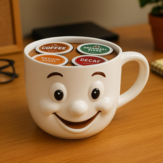 A white coffee mug with a smiling face design, filled with coffee pods labeled with different types of coffee, such as "COFFEE", "MEDIUM ROAST", "BREAKFAST SLEND", and "DECAF".
