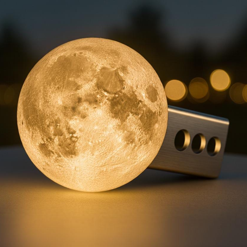 A large, illuminated moon-shaped light fixture is placed on a surface, casting a warm glow.