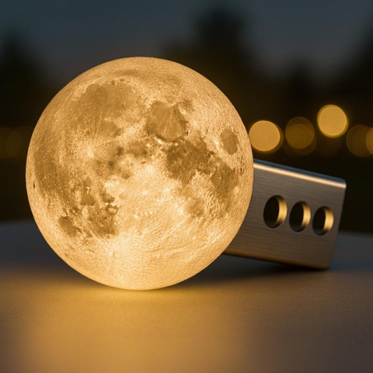 A large, illuminated moon-shaped light fixture is placed on a surface, casting a warm glow.