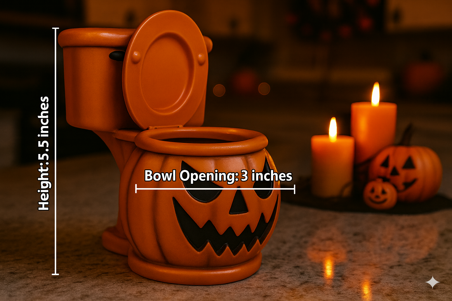 a Halloween-themed toilet with a carved pumpkin face, lit candles, and a pumpkin decoration on a table.