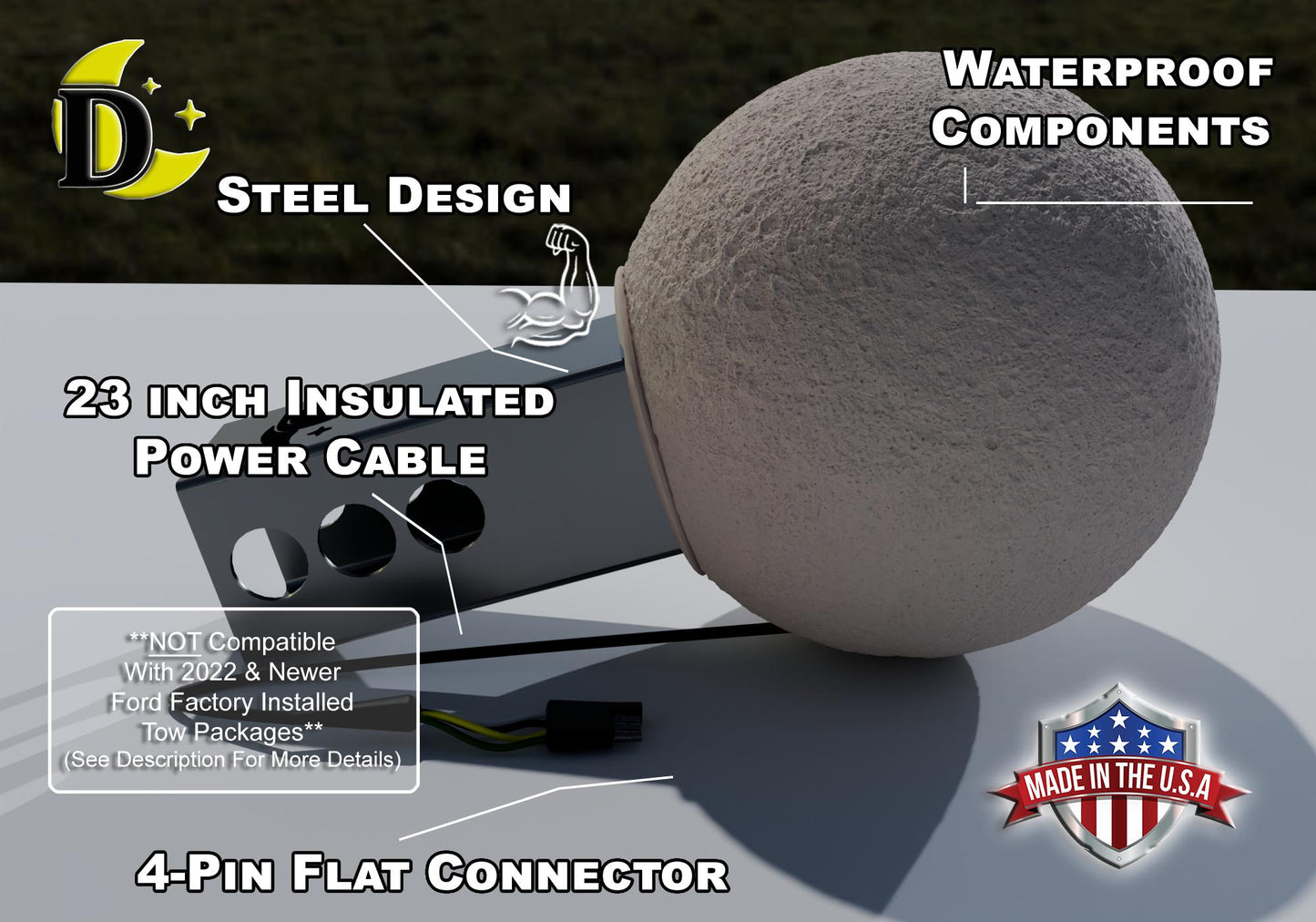 a large, round, grey power cable with a 4-pin flat connector, along with some text and logos related to the product.