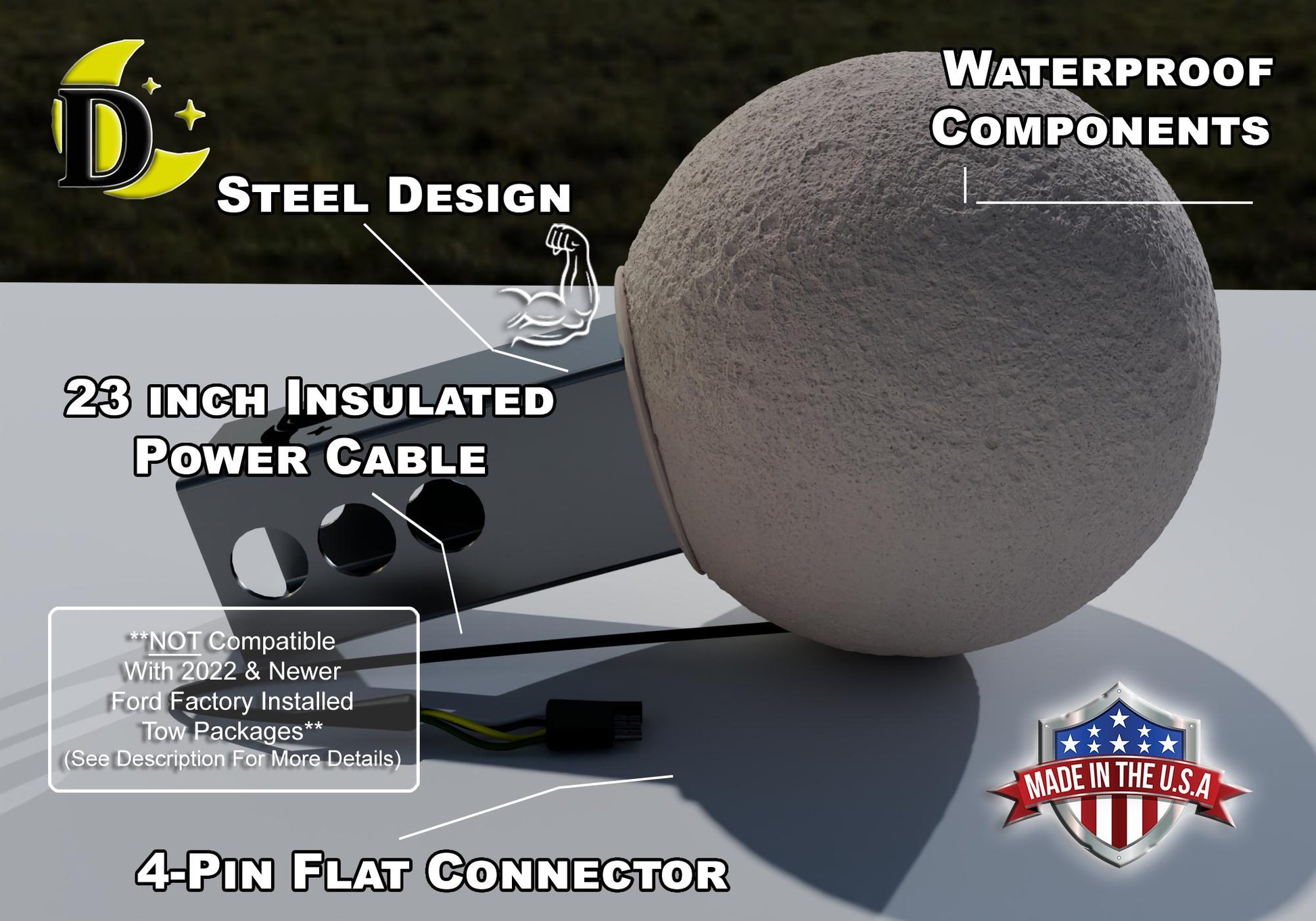 a large, round, grey power cable with a 4-pin flat connector, along with some text and logos related to the product.