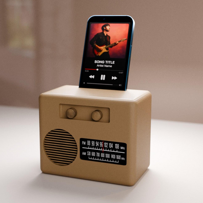 A brown radio speaker with a smartphone playing a song titled "Song Title" on its screen.