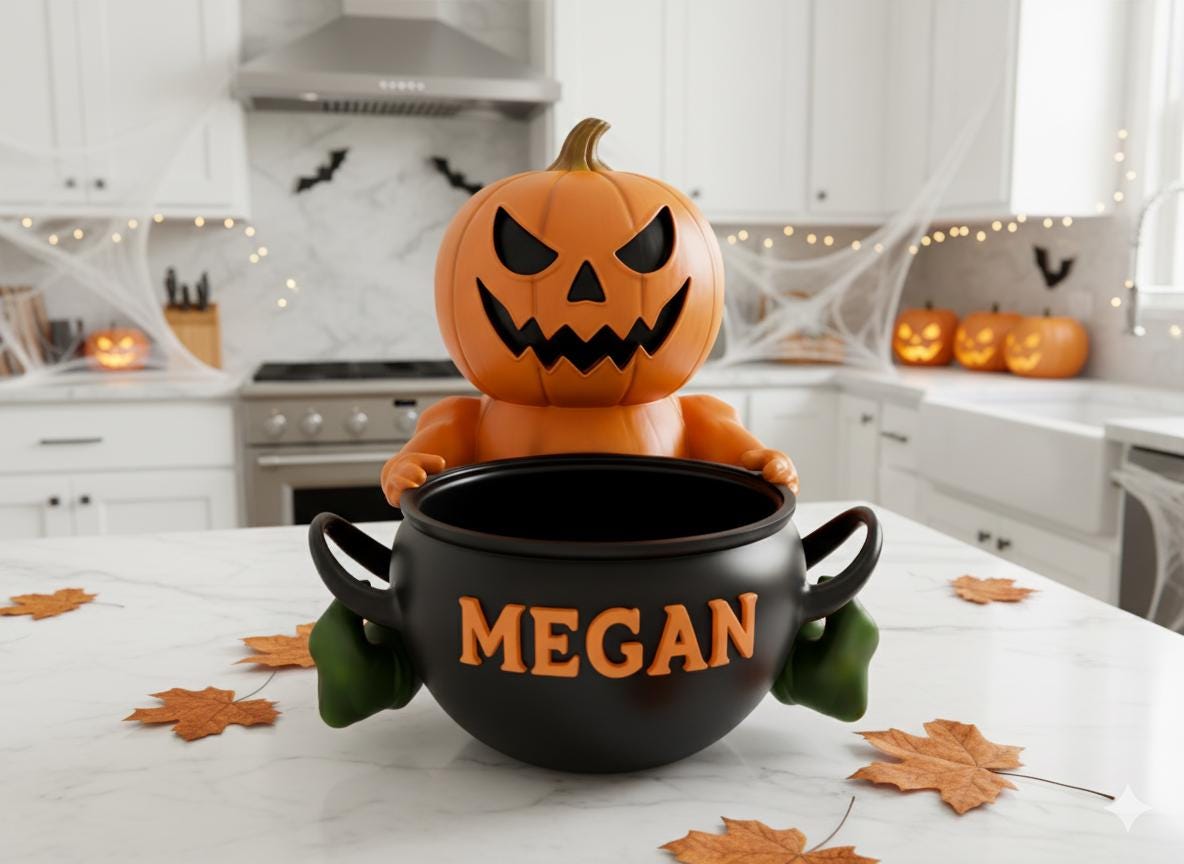 A Halloween-themed ceramic pumpkin with a carved face sits inside a black pot with the name &quot;Megan&quot; written on it, surrounded by autumn leaves on a kitchen counter.
