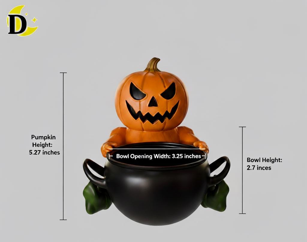 A Halloween-themed pumpkin figurine is shown sitting inside a black cauldron, with measurements provided.
