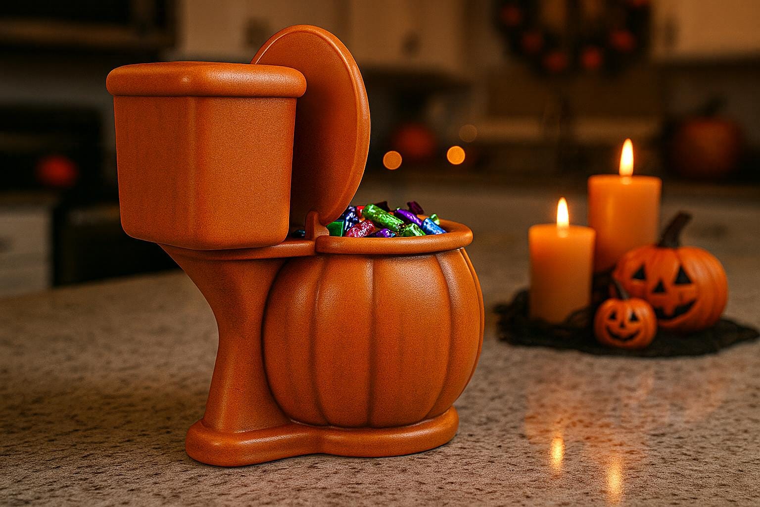 A Halloween-themed toilet-shaped candy holder filled with colorful candies sits on a kitchen counter, with two lit candles and carved jack-o-lanterns nearby.