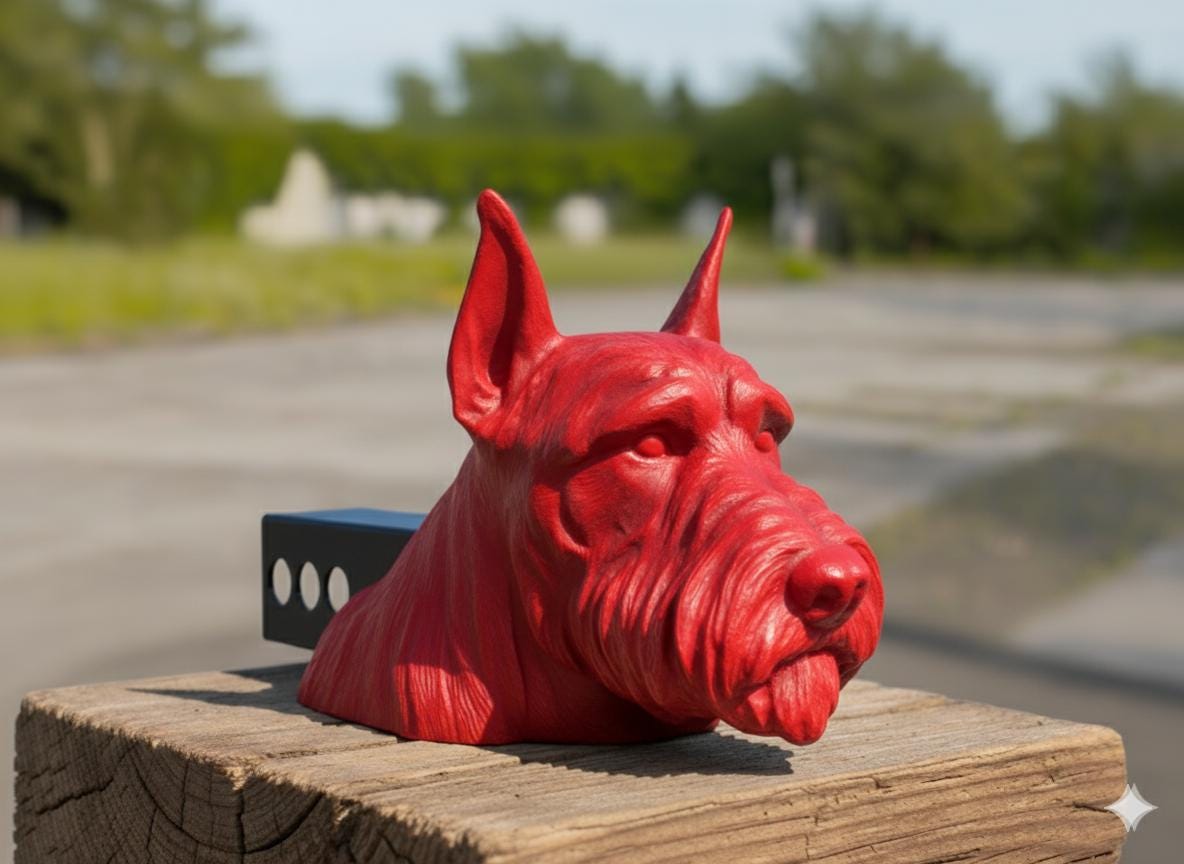 A red dog head sculpture is displayed on a wooden post, with a blurred background of trees and a road.