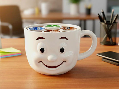 A white coffee mug with a smiling face design sits on a wooden desk, surrounded by various office supplies.