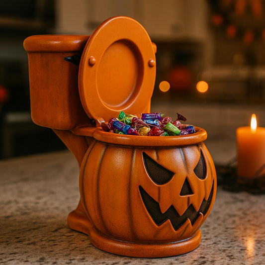 A Halloween-themed pumpkin-shaped candy holder filled with various candies sits on a kitchen counter, with a lit candle in the background.