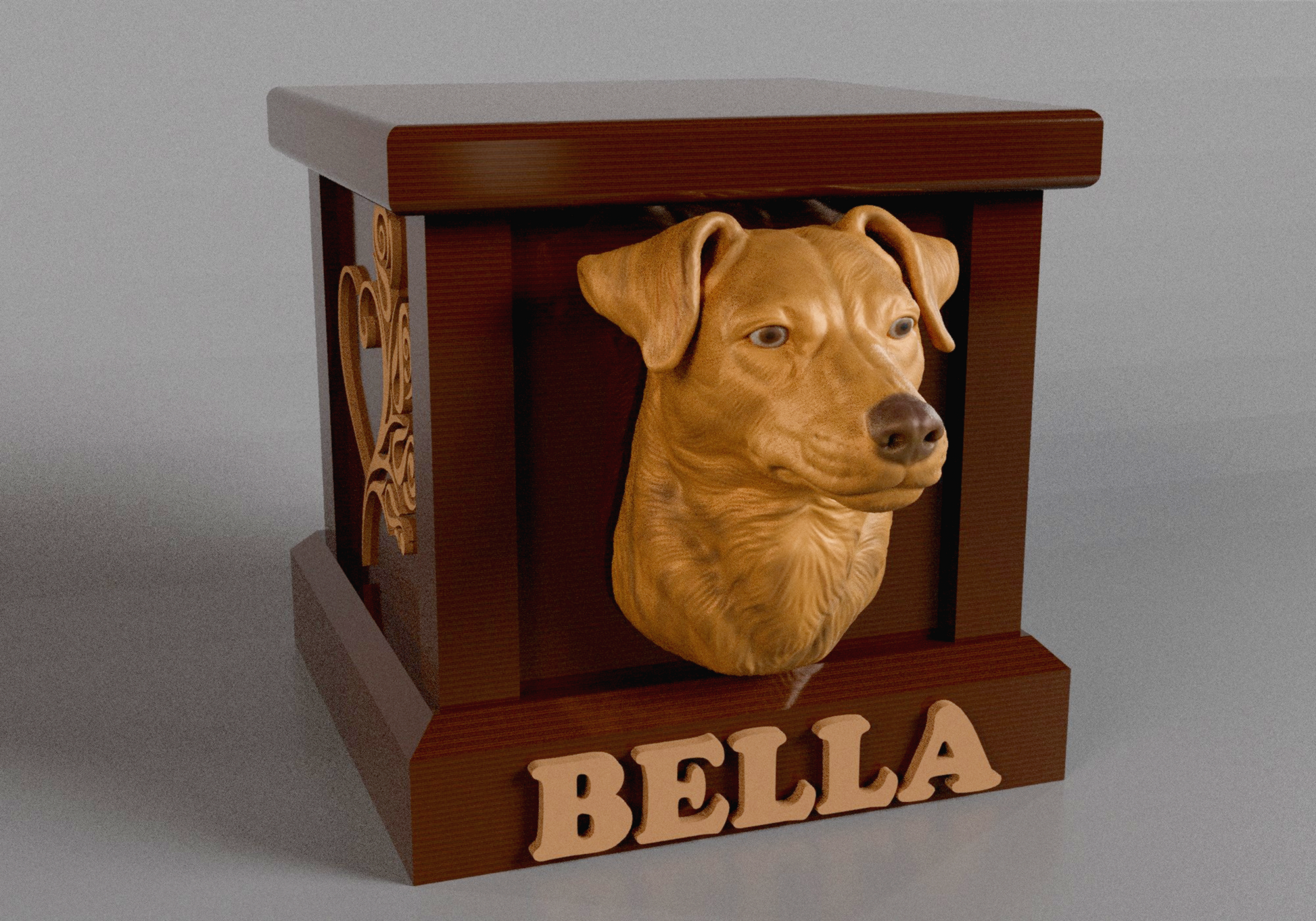 a wooden carved picture of a dog in a box