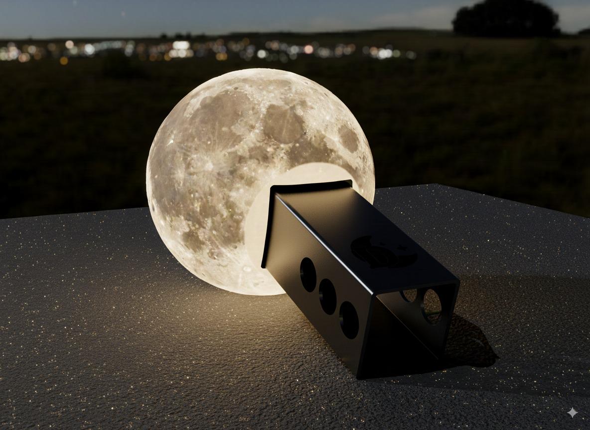 A large, illuminated moon is positioned on a surface, casting a shadow and creating a striking visual effect.