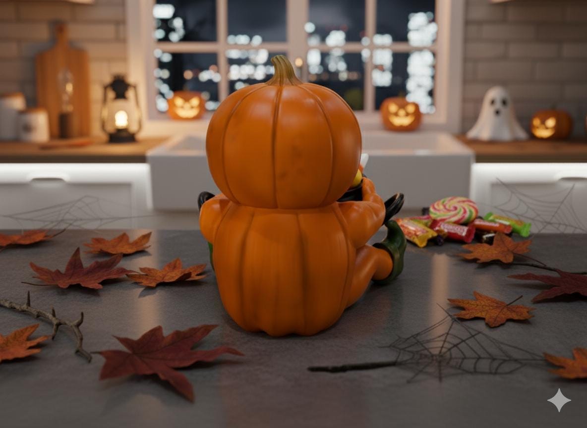 A Halloween-themed scene with a carved pumpkin, candy, and autumn leaves on a table.