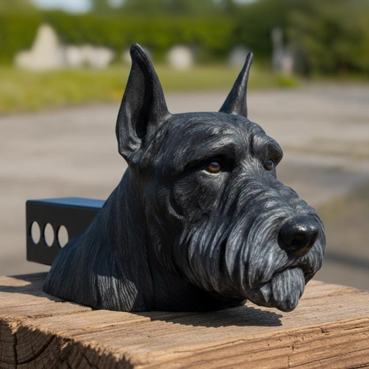 A black dog head sculpture is displayed on a wooden post, with a blurred background of trees and a road.