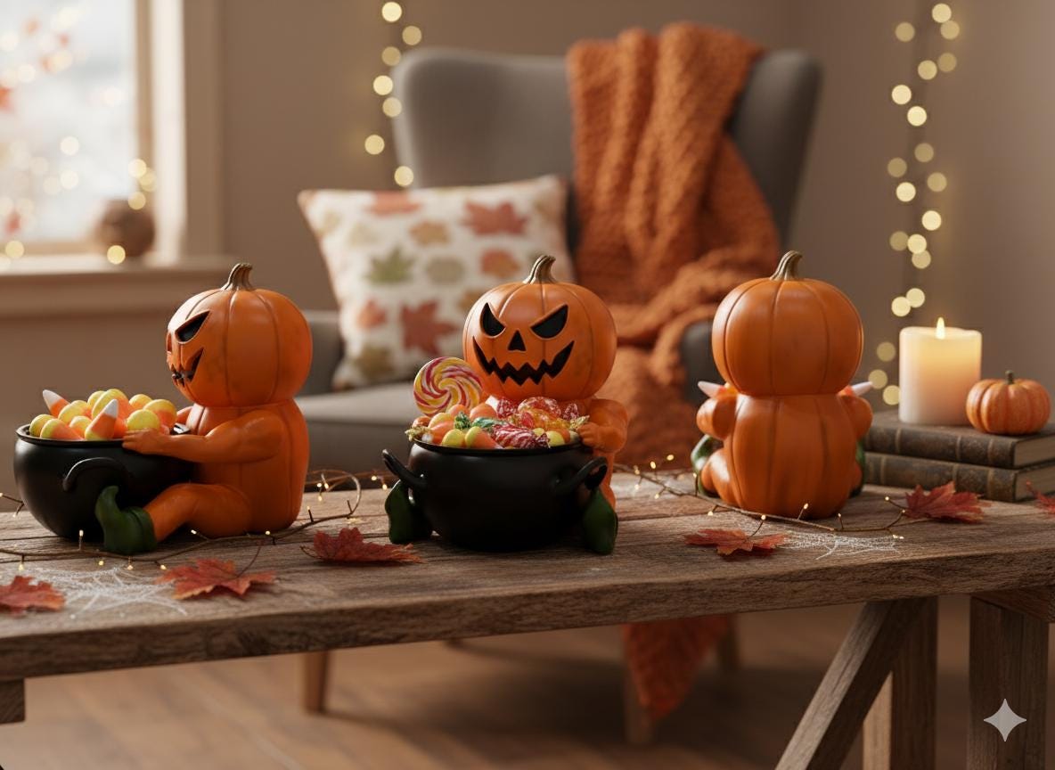 A Halloween-themed scene with three carved pumpkins sitting in black bowls, surrounded by candy and autumn leaves on a wooden table.