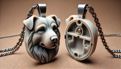 a dog's head is shown next to a necklace
