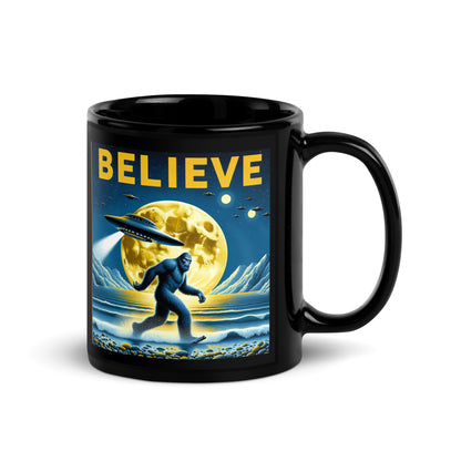 Moonlit Mystery: Bigfoot & UFO Believer's Black Mug
