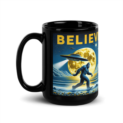 Moonlit Mystery: Bigfoot & UFO Believer's Black Mug
