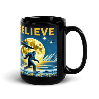 Moonlit Mystery: Bigfoot & UFO Believer's Black Mug