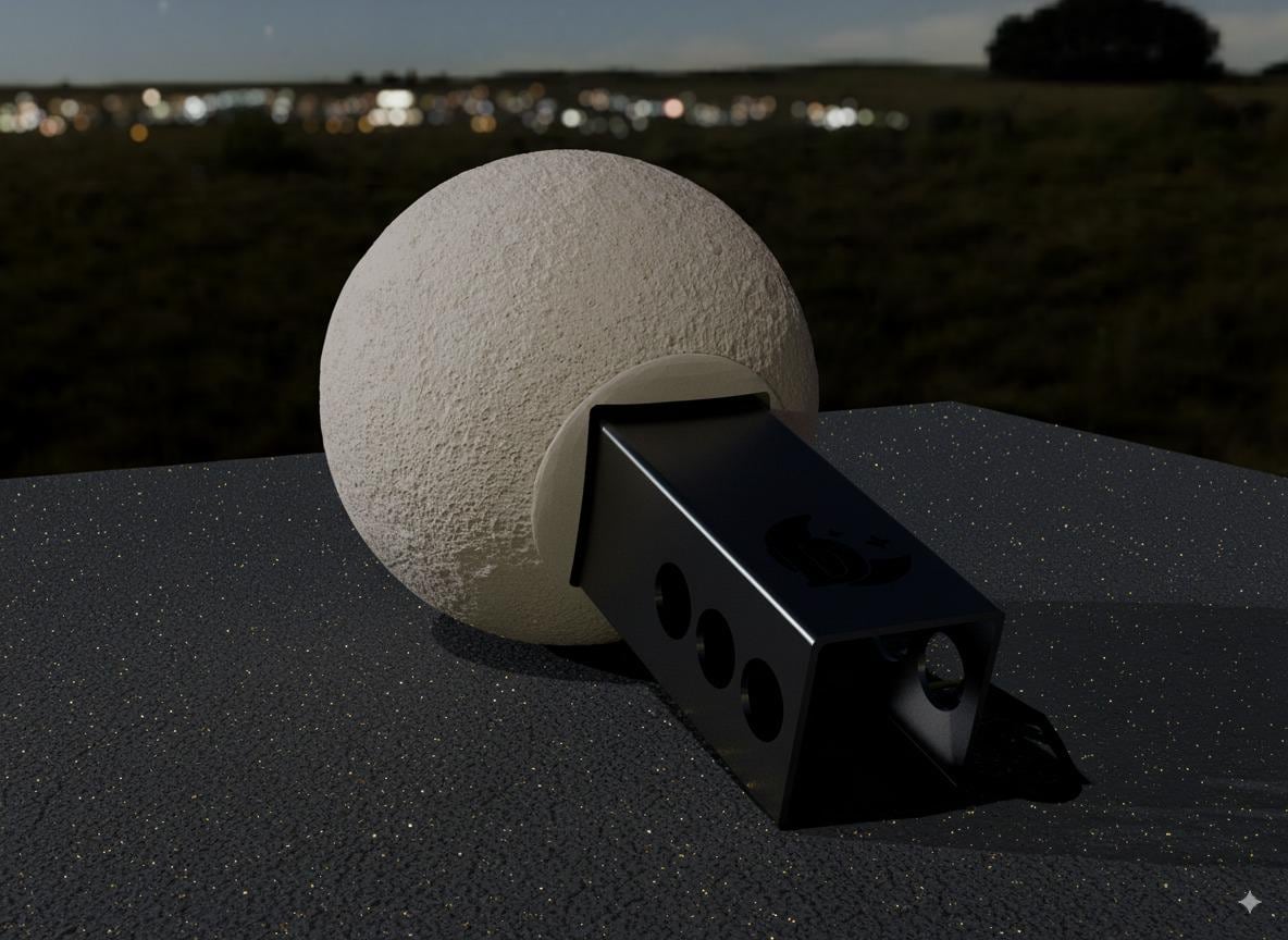 A white, spherical object is resting on a black surface, with a black rectangular object attached to it. The background appears to be a grassy field with a city skyline visible in the distance.