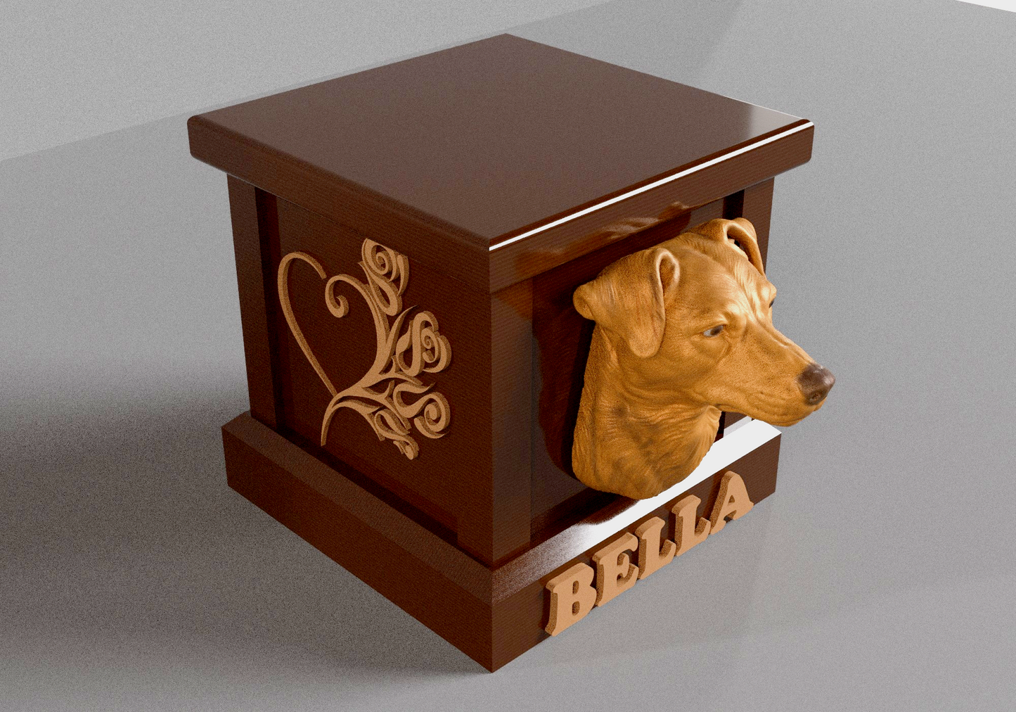 a dog&#39;s head sticking out of a wooden box