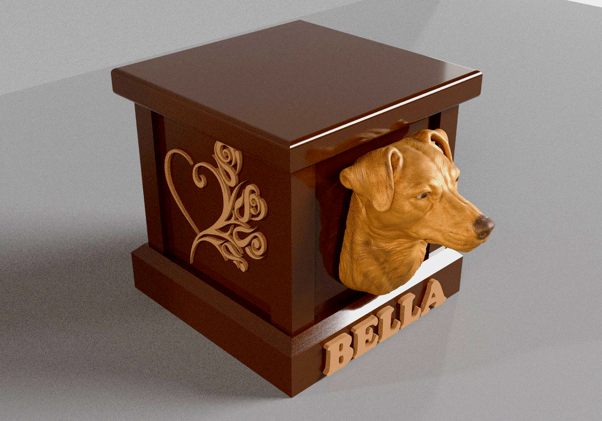 a dog&#39;s head sticking out of a wooden box