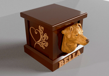 a dog's head sticking out of a wooden box