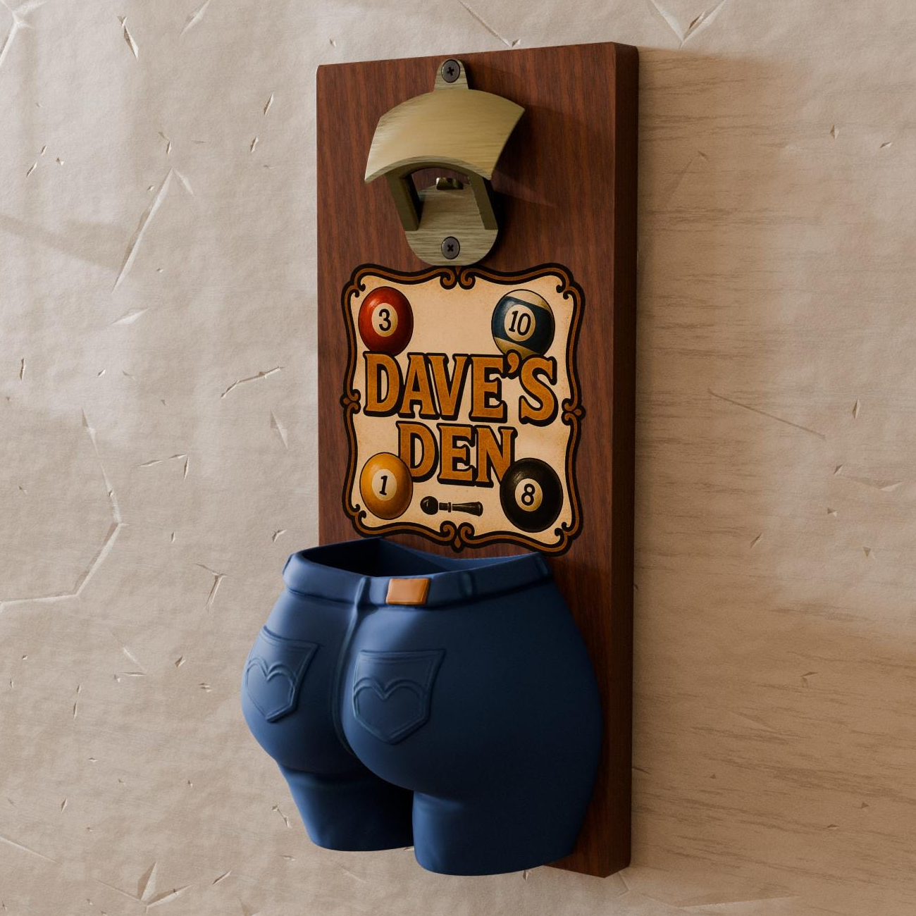 a wooden plaque with a pair of blue pants hanging on it