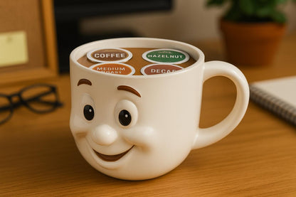 A white coffee mug with a smiling face design sits on a wooden surface, surrounded by coffee pods labeled with different types of coffee.