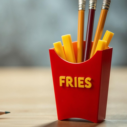 a pencil holder with pencils and erasers in it