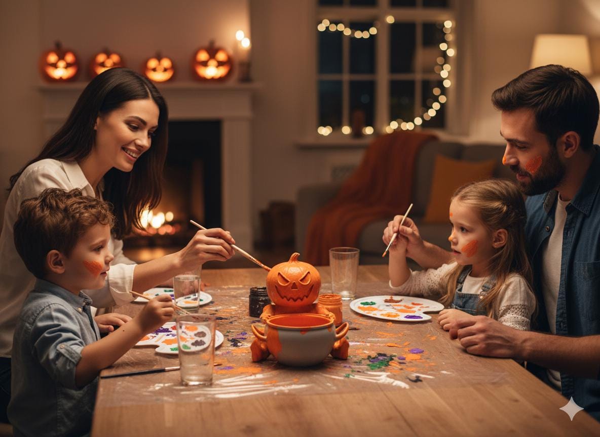 A family of four, including two children, is sitting around a table and painting pumpkins together in a cozy living room decorated for Halloween.