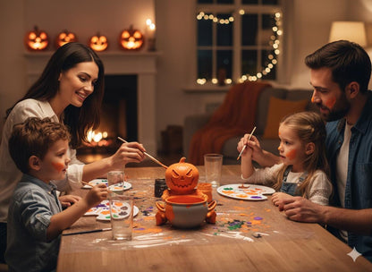 A family of four, including two children, is sitting around a table and painting pumpkins together in a cozy living room decorated for Halloween.