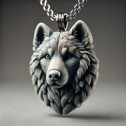 a necklace with a wolf's head on it