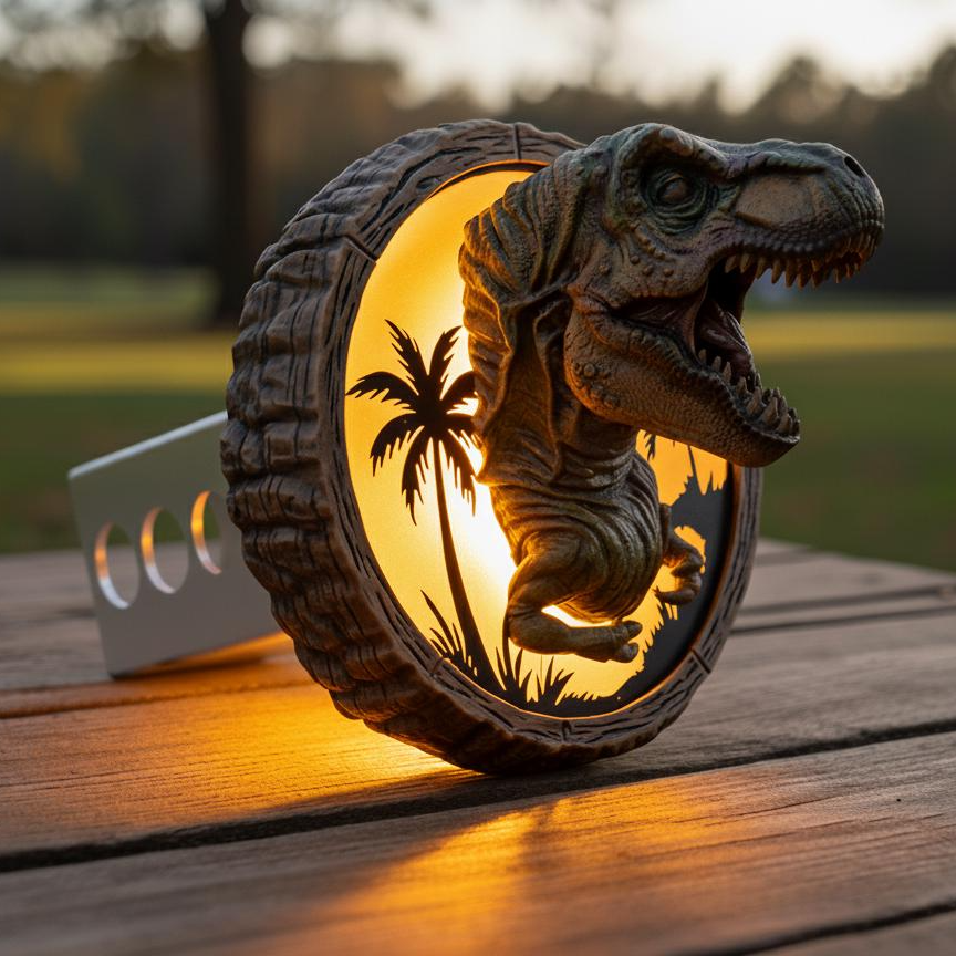 A lighted dinosaur head sculpture is displayed on a wooden surface, with a palm tree silhouette visible inside a circular frame.