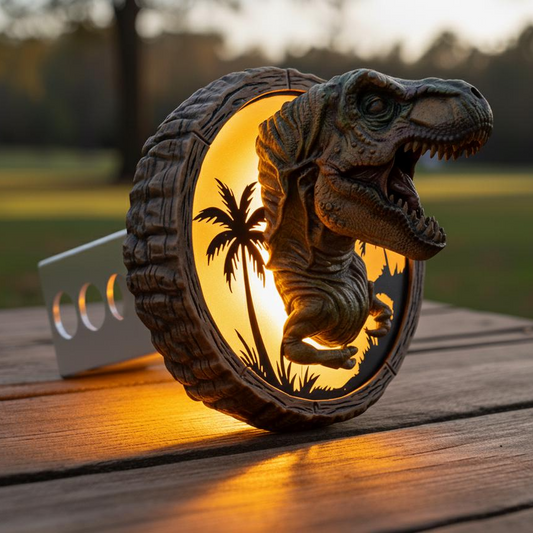 A lighted dinosaur head sculpture is displayed on a wooden surface, with a palm tree silhouette visible inside a circular frame.