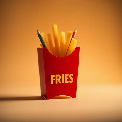 a red box filled with pencils sitting on top of a table