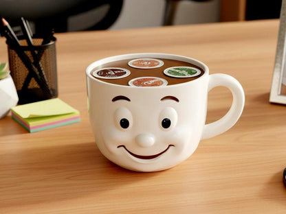 A white coffee mug with a smiling face design sits on a wooden desk, surrounded by various office supplies.