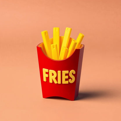 a red box filled with fries sitting on top of a table