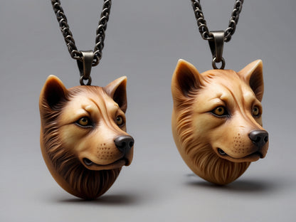 a couple of necklaces with a dog's head on them