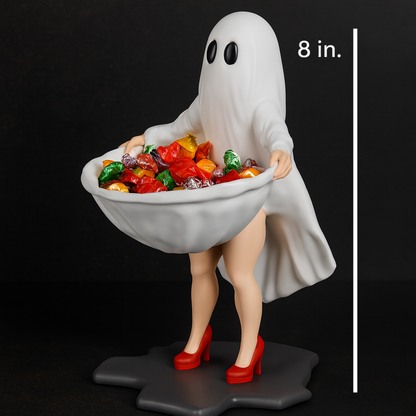 A ghost figurine holding a bowl of candy, wearing red high heels, and standing on a gray surface.