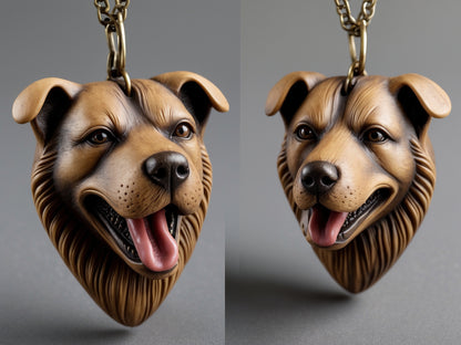 two pictures of a dog's head on a chain