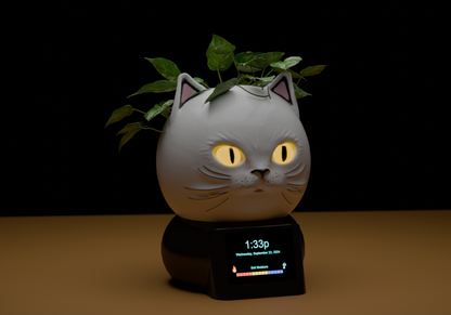 a white cat with a plant on top of it
