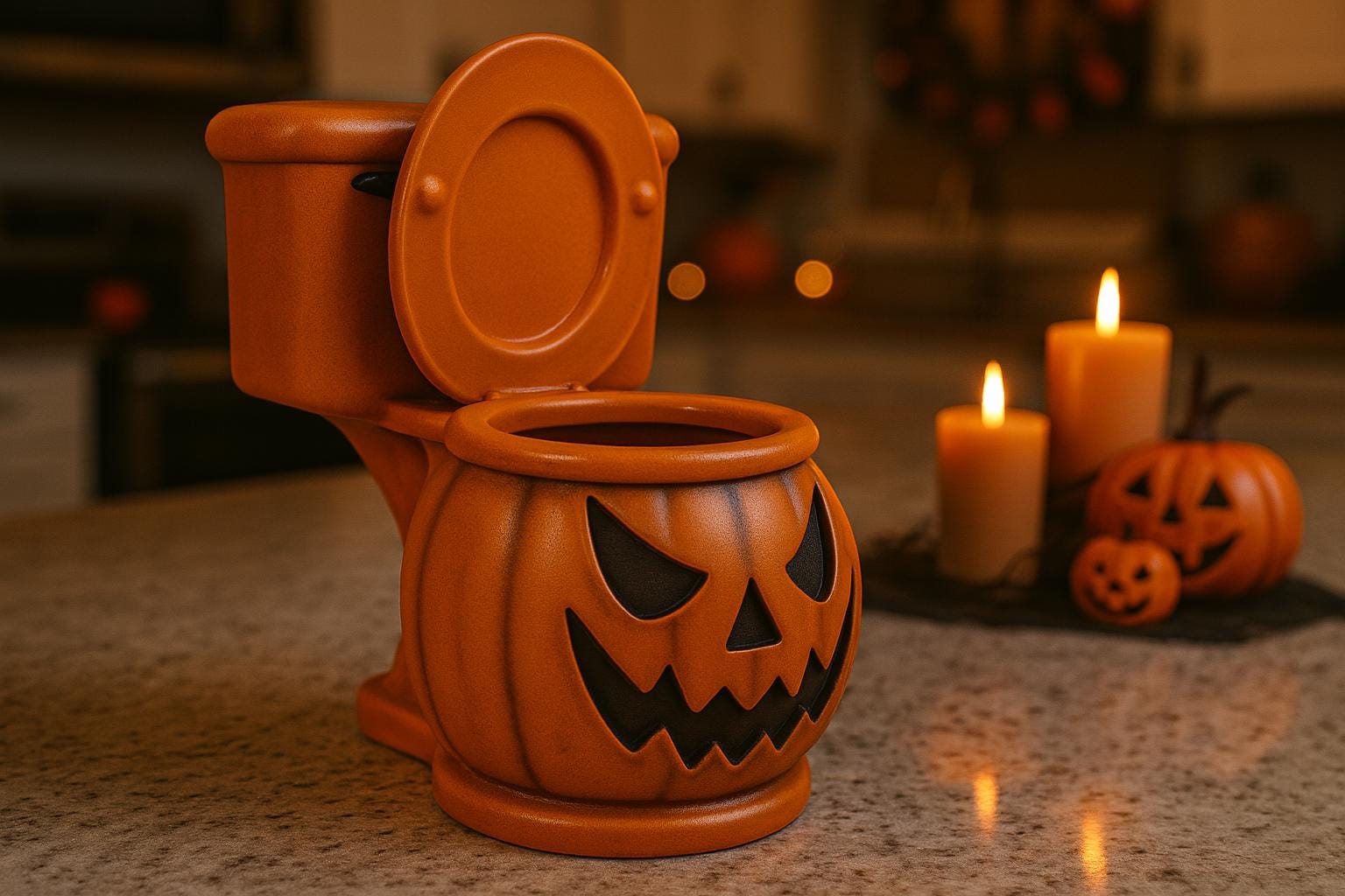 a Halloween-themed toilet with a carved pumpkin face, placed on a kitchen counter. In the background, there are two lit candles and two carved jack-o'-lanterns.