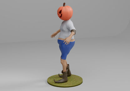 a woman with a pumpkin on top of her head